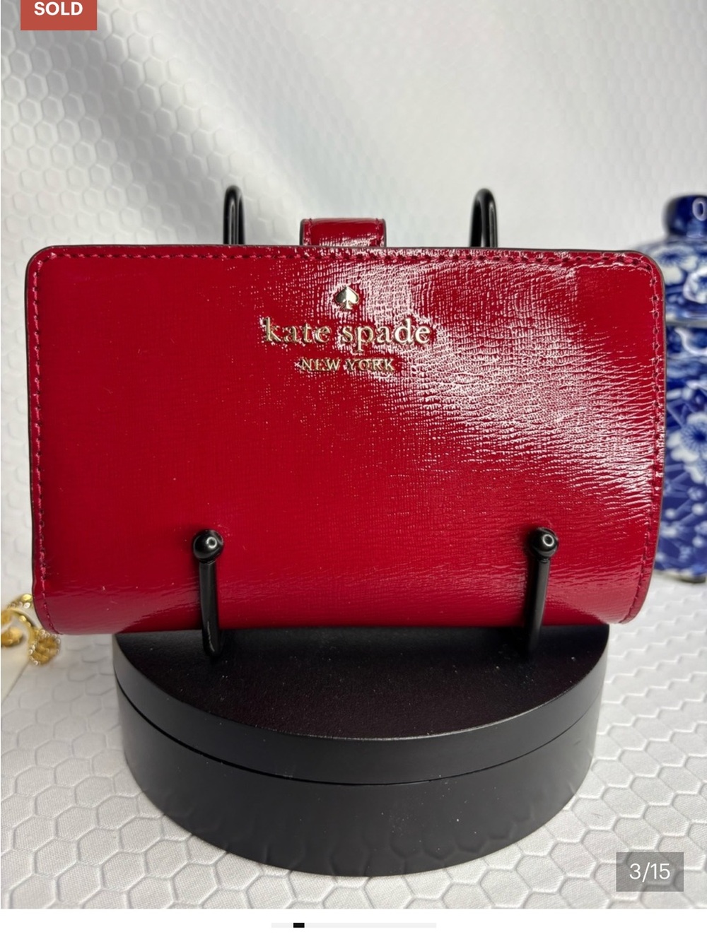 kate spade red patent leather compact wallet with gold logo